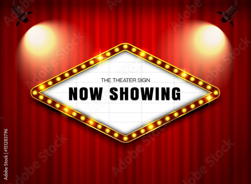 theater sign on curtain with spotlight vector illustration