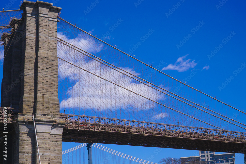 Fototapeta premium Ancient Brooklyn Bridge New York - an iconic landmark- MANHATTAN / NEW YORK - APRIL 1, 2017