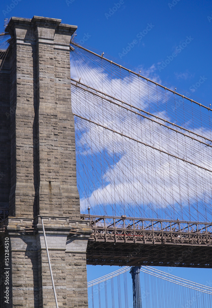 Obraz premium Ancient Brooklyn Bridge New York - an iconic landmark- MANHATTAN / NEW YORK - APRIL 1, 2017