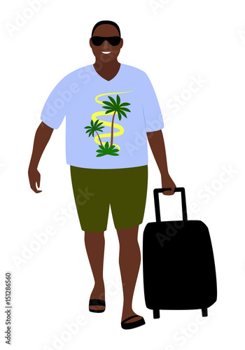 Tanned happy tourist in sunglasses comes with a suitcase isolated on white background. Vector illustration.