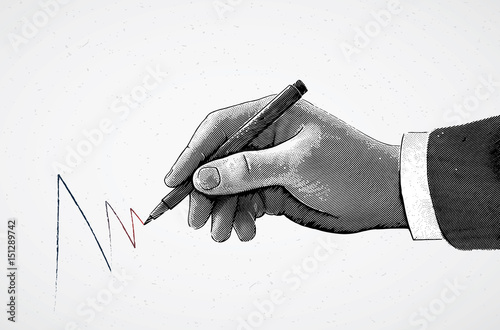 Hand holding a pencil and drawing a line, the illustration is made in the style of engraving.