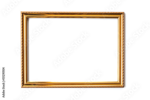 Golden photo frame on white background.