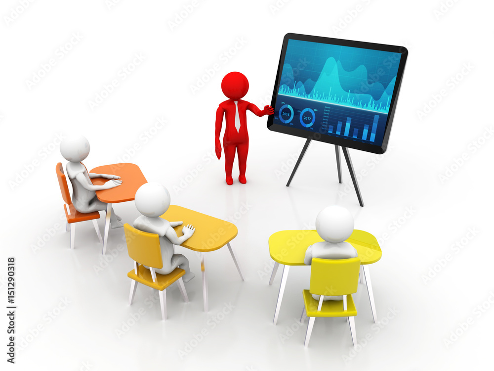 3d people - men , person with pointer in hand close to blackboard. Concept of education and learning, Presentation. Isolated white background,  3d render