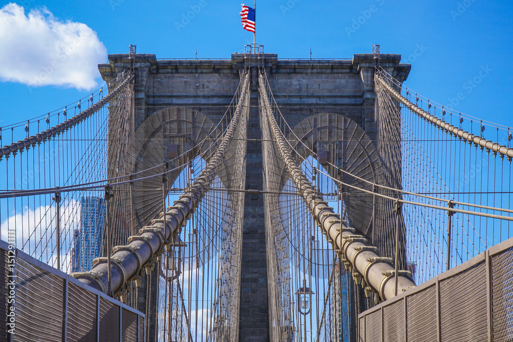 Fototapeta premium Brooklyn Bridge New York - a famous landmark- MANHATTAN / NEW YORK - APRIL 1, 2017