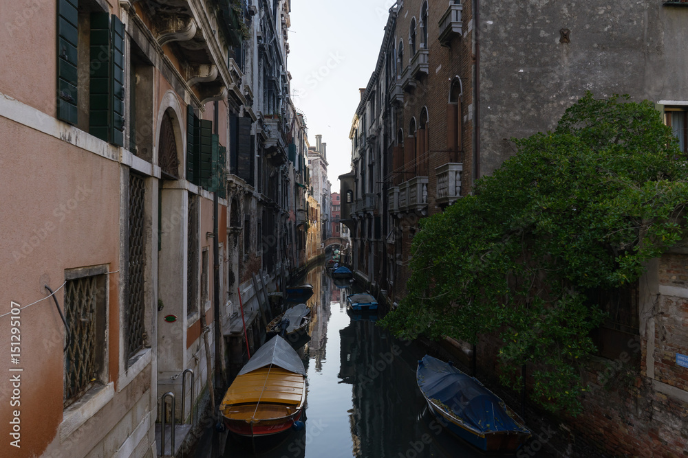 A small canal with venetian buildings reflected, Venice, Italy