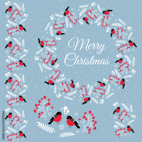 Merry Christmas. Winter items with bullfinches for decoration