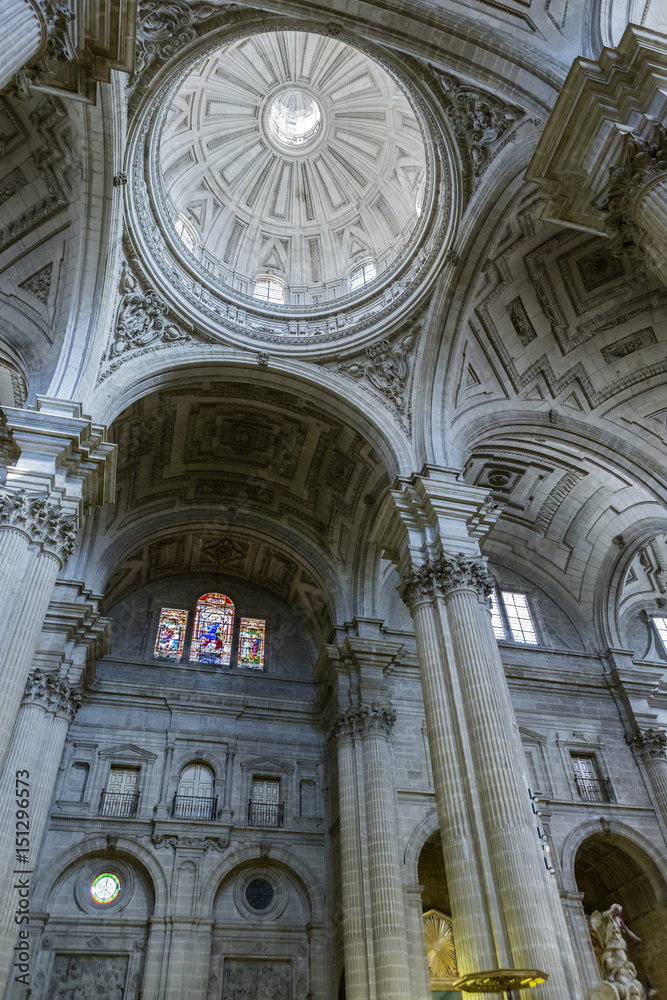 Inside view of the Cathedral in Jaen, central dome of cruise, work of the architect Juan de Aranda and Salazar