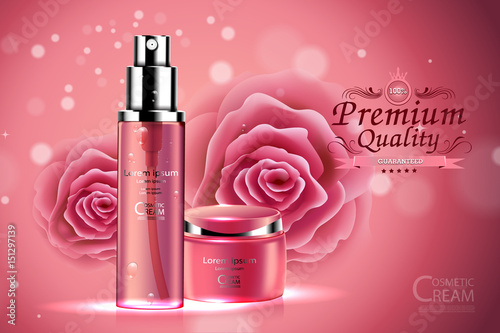 Luxury cosmetic Bottle package skin care cream, Beauty cosmetic product poster, with Rose and Bokeh background
