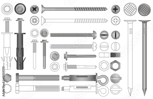 Vector set of realistic and line nuts, bolts, screws and rivets.