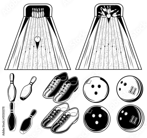 Vector black and white set of elements of bowling game for use in print, design or web on white background