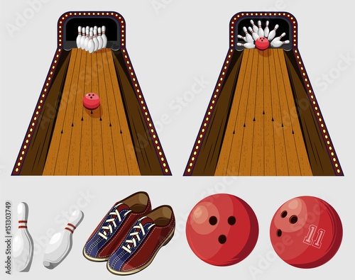 Vector color set of bowling game elements for use in design, print, internet