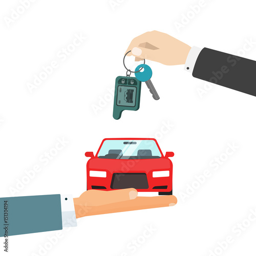 Hands giving car and car keys vector illustration, idea of automobile rent, auto sell flat cartoon style vector illustration
