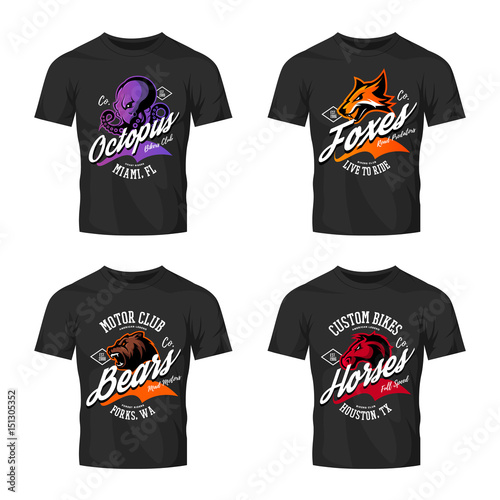 Vintage furious octopus, bear, fox and horse bikers club tee print vector design on t-shirt mockup. 
Street wear t-shirt emblem set. Premium quality wild animal mascot logo concept illustration.