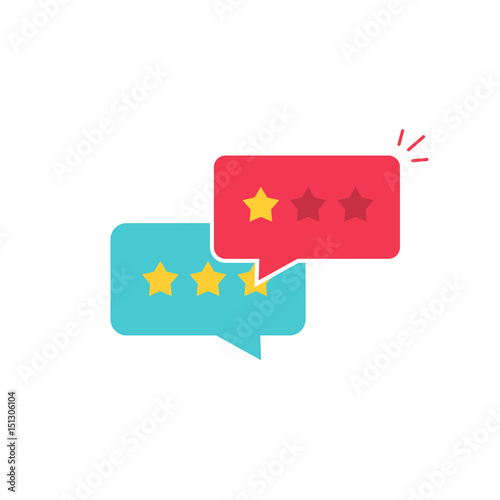 Customer review communication vector symbol, concept of feedback, testimonials, online survey, rating stars, positive and negative comments, chat bubble speeches