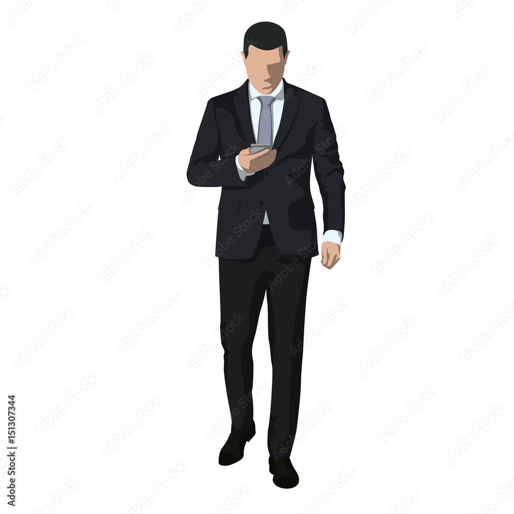 Business man in dark suit walking and writing message on mobile phone, abstact vector illustration Business man in dark suit walking and writing message on mobile phone, abstact vector illustration