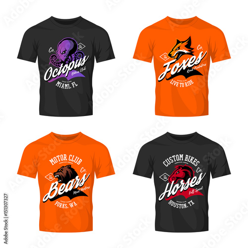 Vintage furious octopus, bear, fox and horse bikers club tee print vector design on t-shirt mockup. 
Street wear t-shirt emblem set. Premium quality wild animal mascot logo concept illustration.