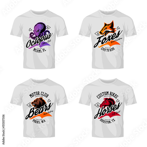 Vintage furious octopus, bear, fox and horse bikers club tee print vector design on t-shirt mockup. 
Street wear t-shirt emblem set. Premium quality wild animal mascot logo concept illustration.