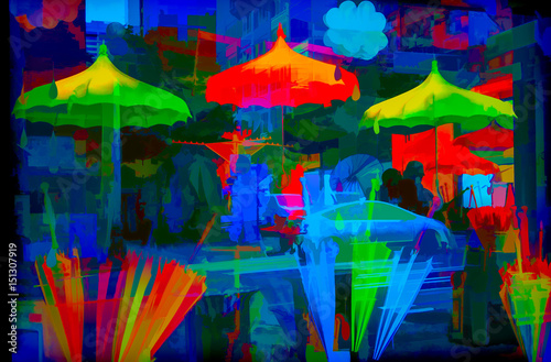 Seattle Colors Abstract colorful umbrellas blue, green, orange reflections signifying Seattle image. 