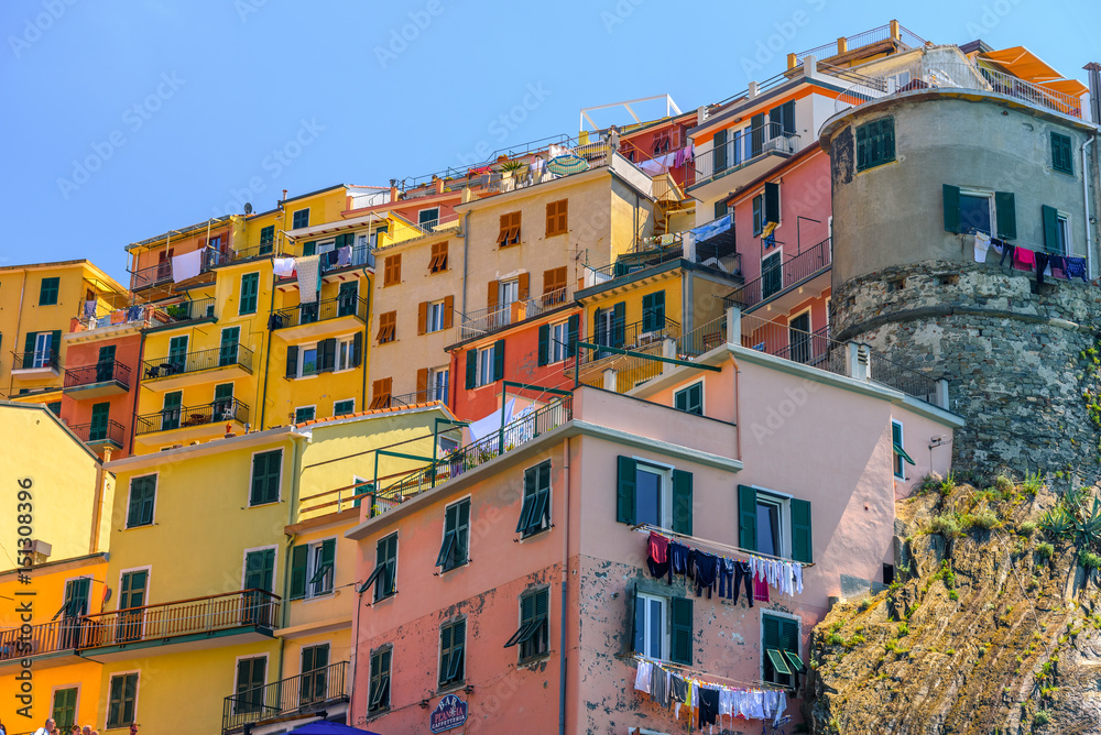 View of some houses of the famous town of Manarola inside the Cinque Terre National Park.