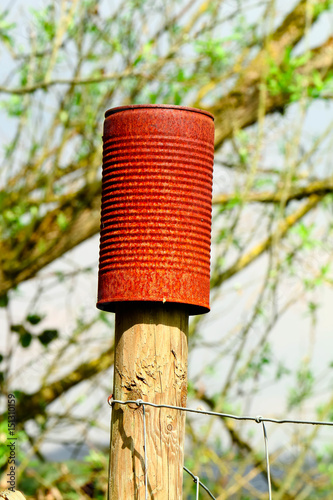 Rostige Konservendose auf einem Holzpfosten