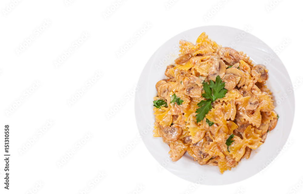 Farfalle Pasta with mushroom sauce. top view. isolated on white Farfalle Pasta with mushroom sauce. top view. isolated on white