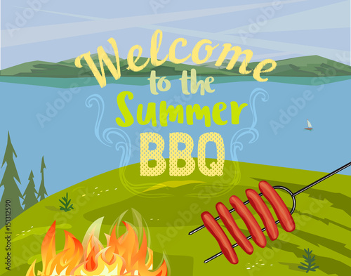 Summer outdoors concept. Cartoon retro style poster. Welcome invitation to barbecue picnic. Season holiday leisure banner background. Mountain valley, lake, green hills. Vector flaming BBQ grill