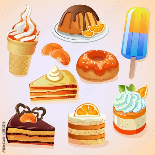 set of delicious sweets and desserts with citrus flavor