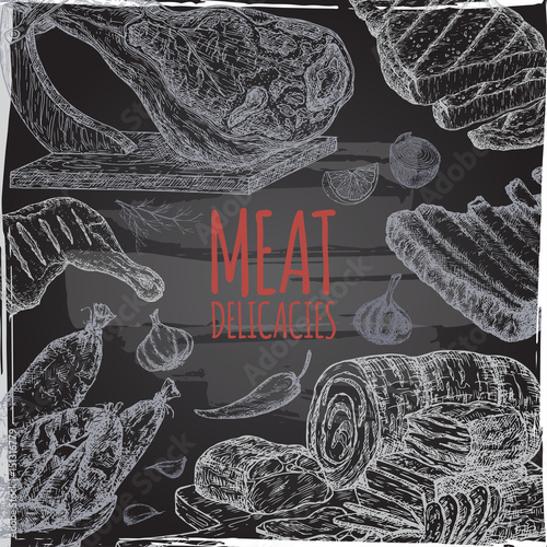 Meat delicacies tamplate based on hand drawn sketches on blackboard background.