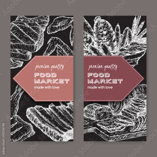 Two food market labels with meat delicacies based on hand drawn sketches.