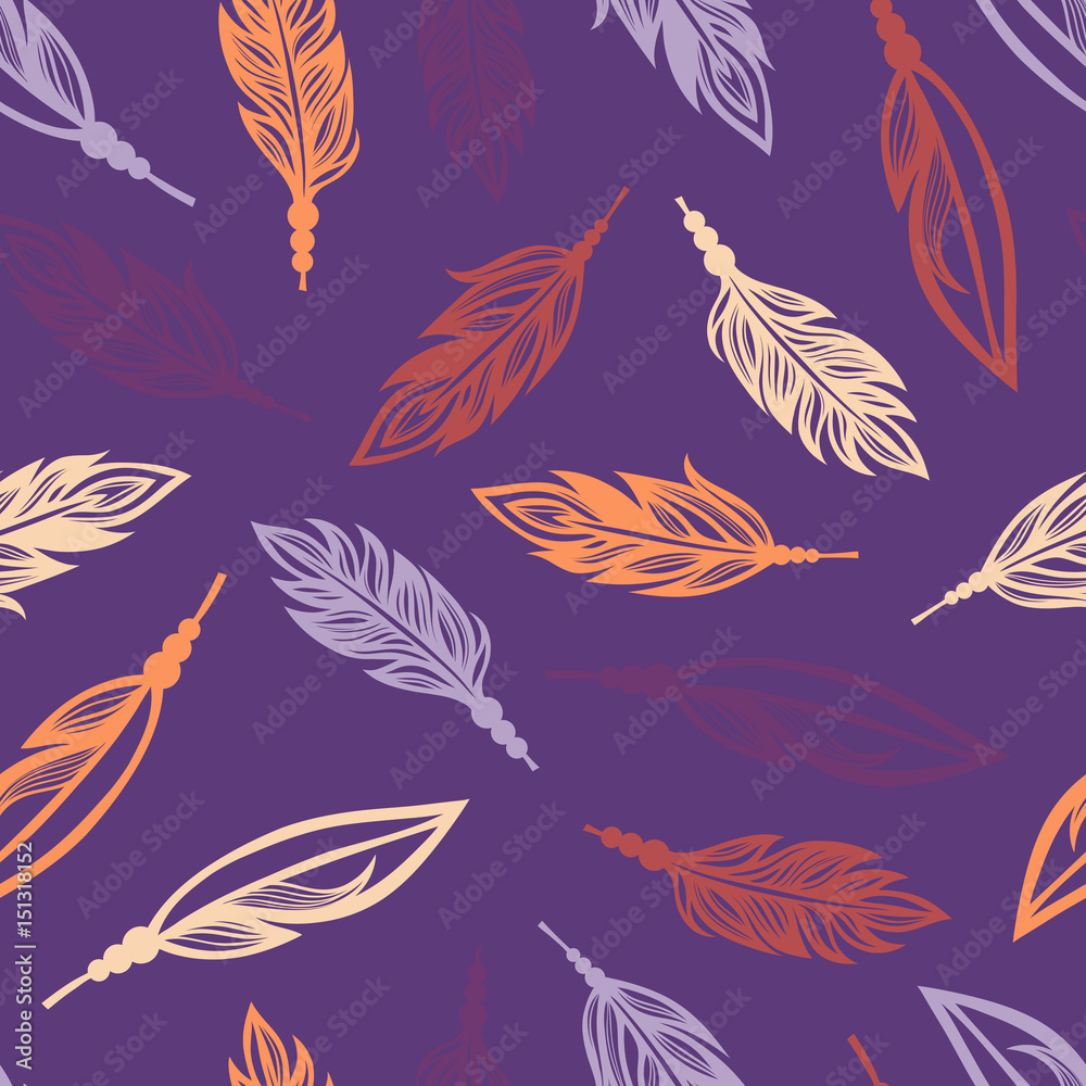 Fototapeta premium Seamless pattern with colored feathers of birds. Vector illustration.