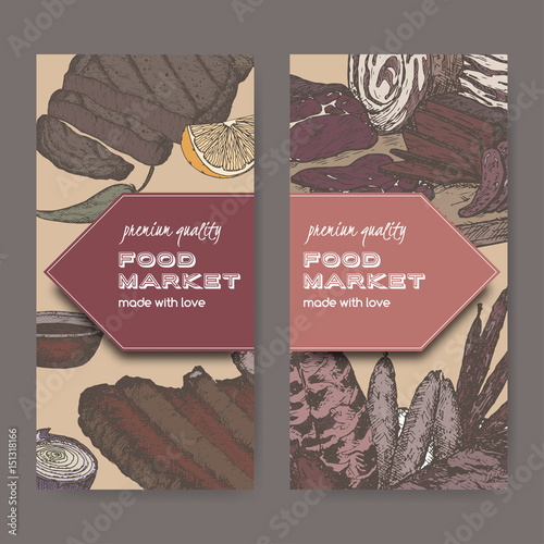 Two color food market labels with meat delicacies based on hand drawn sketches.
