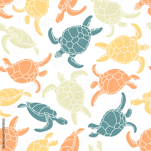 Cheloniidae. Seamless pattern with turtles. Silhouette. Animal world under water. Ocean. Vector illustration.