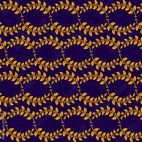 Golden laurel branch seamless pattern. Bay branch pattern on violet background. Vector illustration.