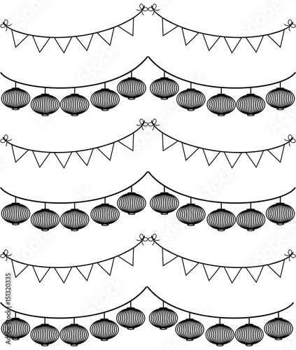 Chinese style bunting with lantern on white background graphic symbolizing oriental celebrations and holidays in black and white 
