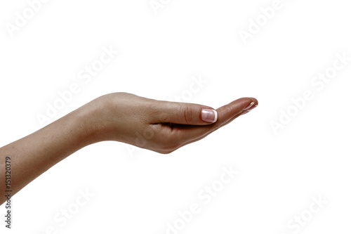 Empty african female hand on white background.