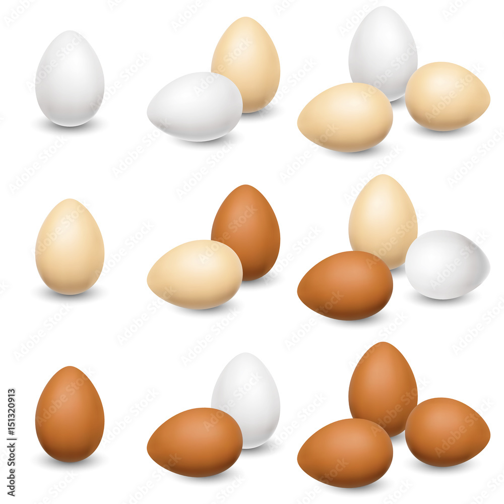 Egg set on a white background. Different color village hens eggs. Vector illustration Egg set on a white background. Different color village hens eggs. Vector illustration