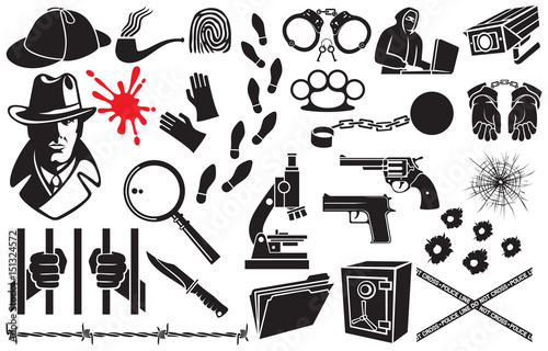 Detective vector icons set (Sherlock Holmes hat, hands in handcuffs, revolver, chain with shackle, barbed wire, bullet holes, hacker, microscope, safe,  magnifier, blood)