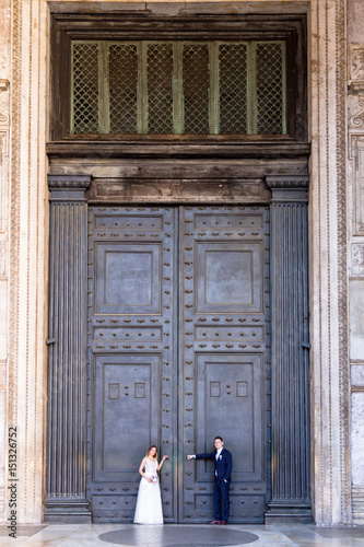 Bride and groom wedding poses in front of Pantheon, Rome, Italy