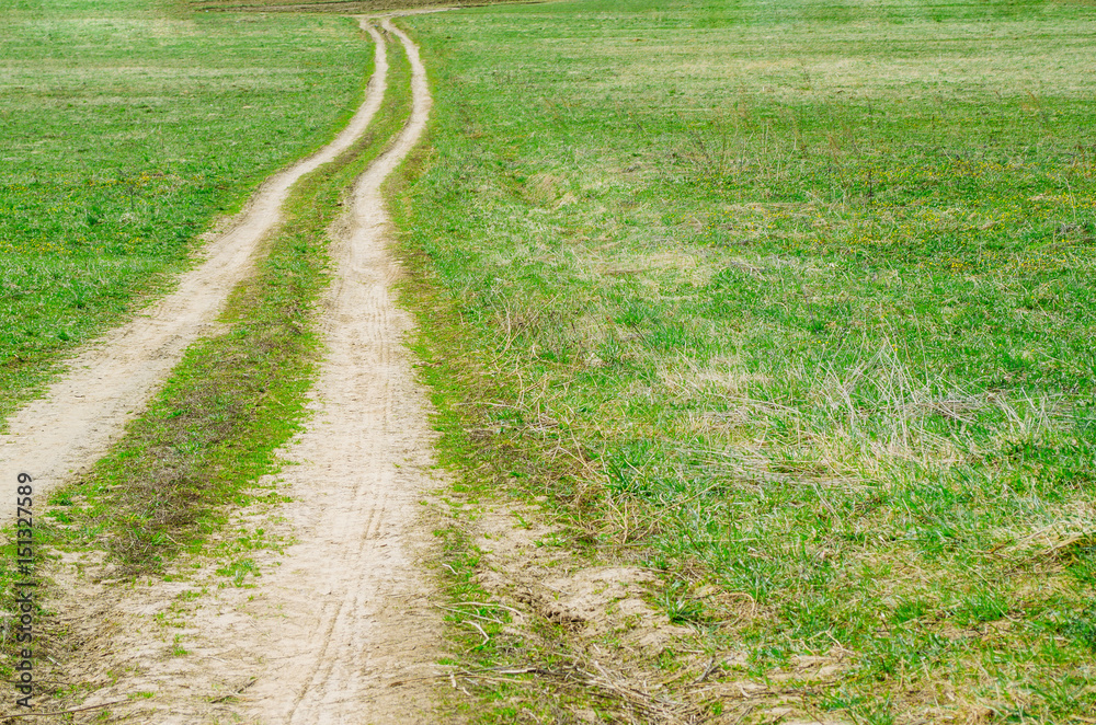 Lonely rural dirt road into the distance in a field with green grass. Lonely rural dirt road into the distance in a field with green grass.