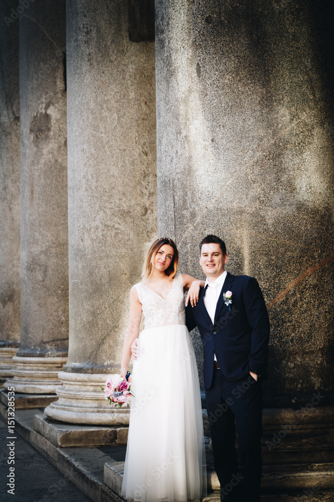 Bride and groom wedding poses in front of Pantheon, Rome, Italy