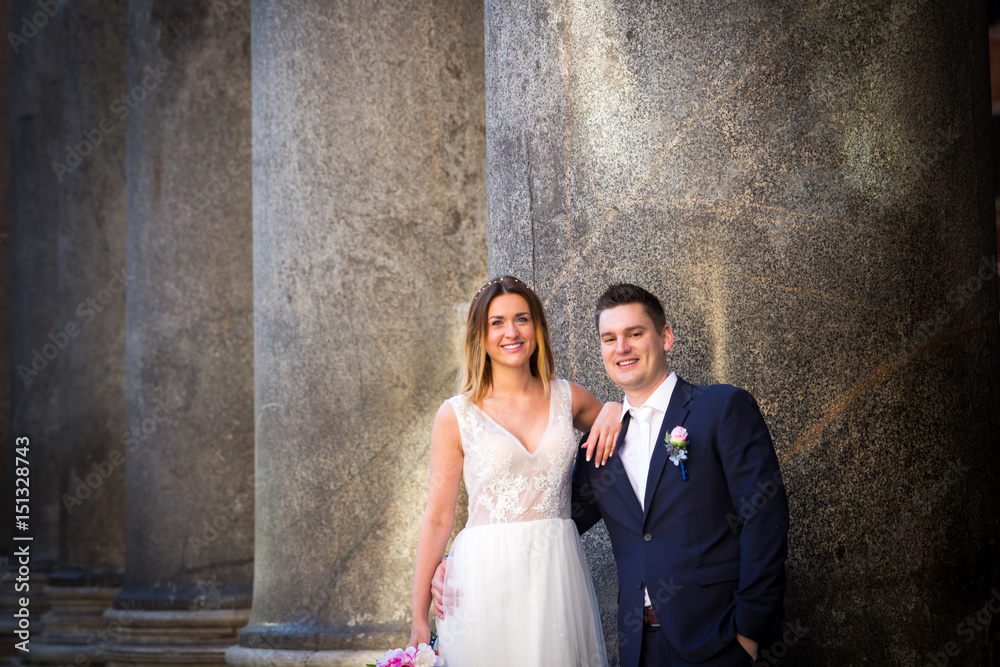 Bride and groom wedding poses in front of Pantheon, Rome, Italy Bride and groom wedding poses in front of Pantheon, Rome, Italy