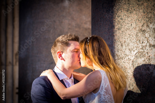 Bride and groom wedding poses in front of Pantheon, Rome, Italy © daliu