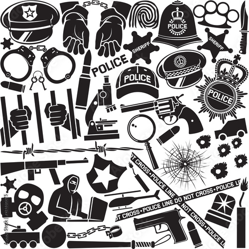 Police icons pattern or background (British bobby police helmet, hat, bat, hands in handcuffs, revolver, chain with shackle, sheriff star shield, barbed wire, bullet hole in glass)