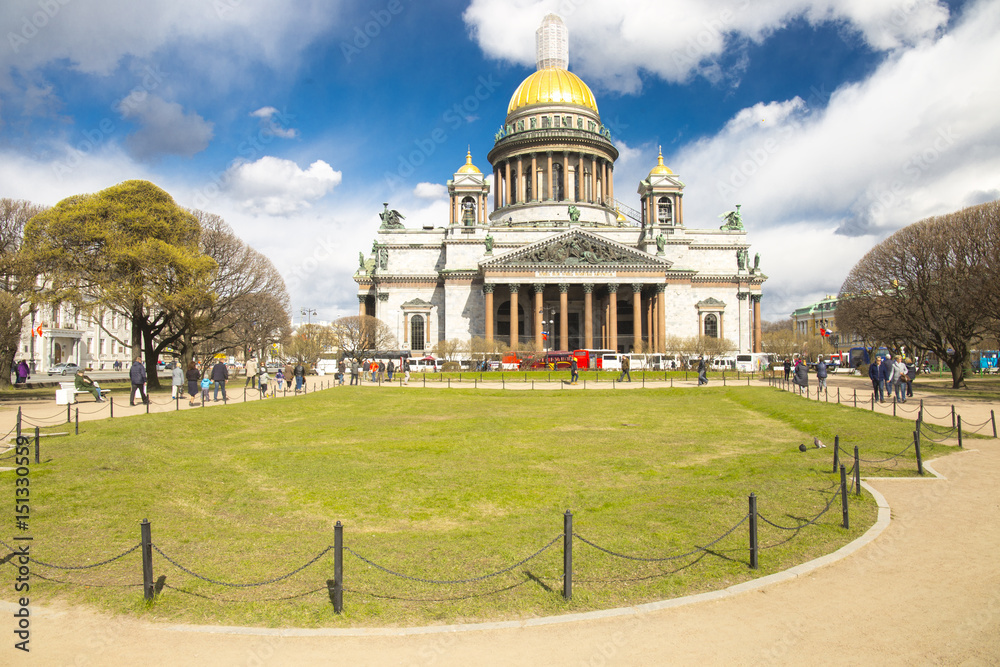 Saint Isaac's Cathedral - Russian Orthodox church cathedral  in the city  Saint Petersburg, Russia.Blue  sky, sunny day.