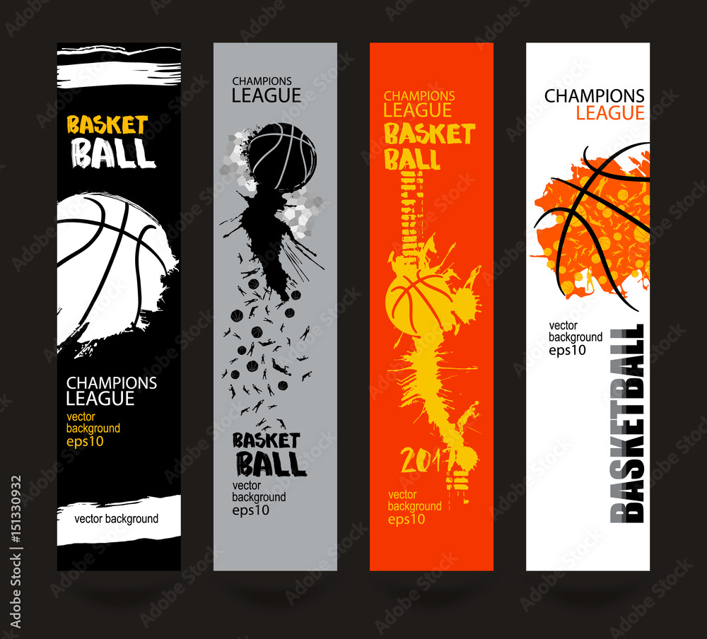 Obraz premium Banners, design for basketball. Sport vector illustration, Templates. Grunge style, polygon. Abstract ball, paint, ink brush strokes. Hand drawing textures. EPS file is layered(clipping mask).