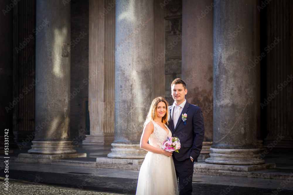 Bride and groom wedding poses in front of Pantheon, Rome, Italy