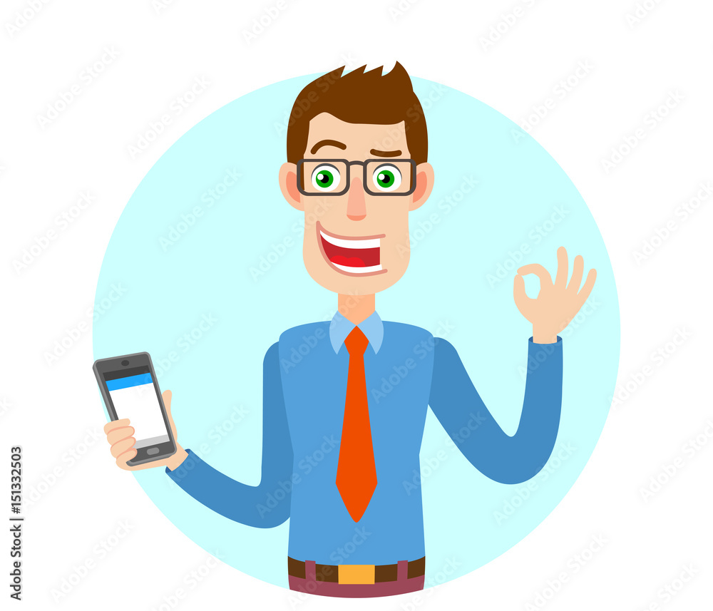 Businessman holding mobile phone and showing a okay hand sign