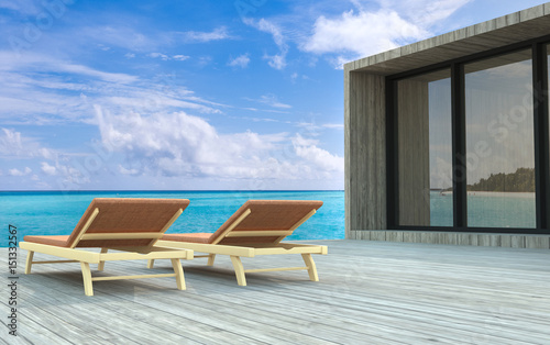 3D rendering, Beach chairs on wooden floor with blurred blue sky background.