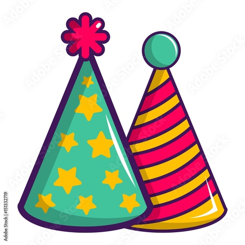 Two colorful party hats icon, cartoon style