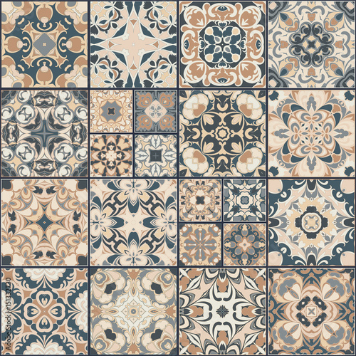 A collection of ceramic tiles in retro colors. A set of square patterns in ethnic style. Vector illustration.
